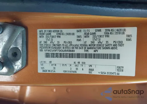 2016 Ford Escape S z USA, uszkodzony, nr VIN 1FMCU0F73GUB55680